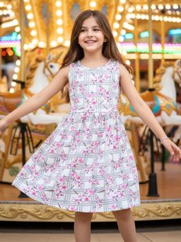 Uptownie - Girls Knee Length Printed Fit & Flare Dress Grey & Pink