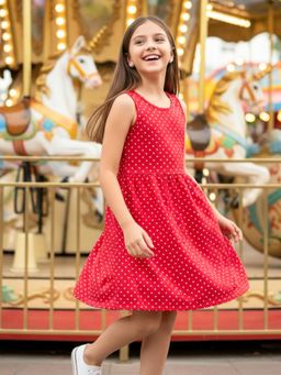 Uptownie - Girls Knee Length Printed Fit & Flare Dress Red