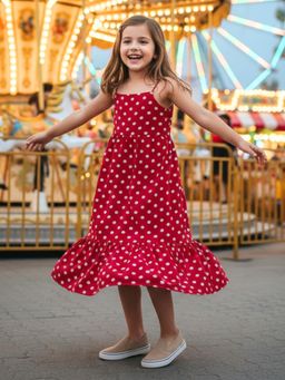 Uptownie - Girls Polka Printed A-Line Thin Strap Sleeveless Dress Red