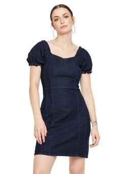 Madame - Sweetheart Neck Semi Fit Carbon Blue Dress For Women