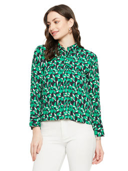 Madame - Collar Neck Full Sleeve Printed Green Shirts For Women