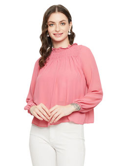 Madame - Round Neck Full Sleeve Solid Hot Pink Textile Top For Women