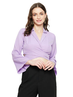 Madame - Notched Neck Full Sleeve Slim Fit Lavender Top For Women