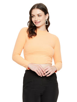 Madame - Round Neck Full Sleeve Solid Slim Fit Orange Women Top