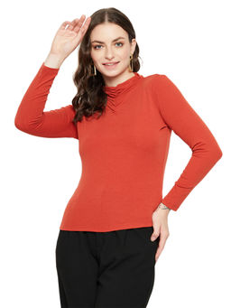 Madame - Round Neck Full Sleeve Solid Slim Fit Rust Women Top