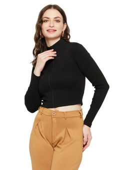 Madame - Mock Neck Full Sleeve Solid Black Women Top