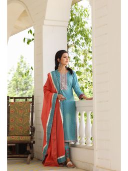 Vaamsi - Cotton Printed Kurta Pant Dupatta Teal (VKSKD1352 ) (Set of 3)