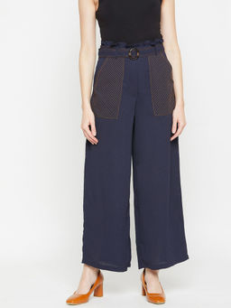 Marie Claire - Women Navy Blue Regular Fit Solid Parallel Trousers