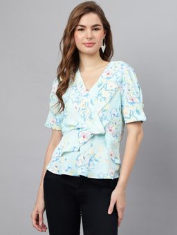 Latin Quarters - Women's Blue Printed V-Neck Casual Top