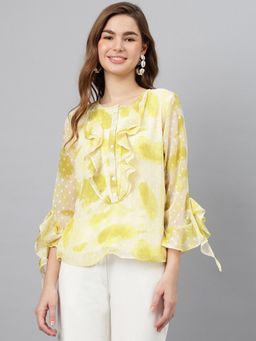 Latin Quarters - Women's Yellow Printed Round Neck Casual Top