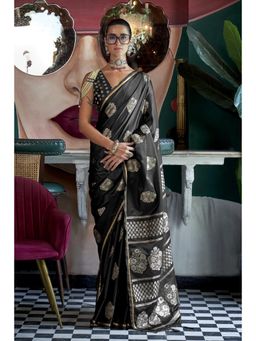 Mysilklove - Cinder Black Banarasi Handloom Satin Saree without Blouse