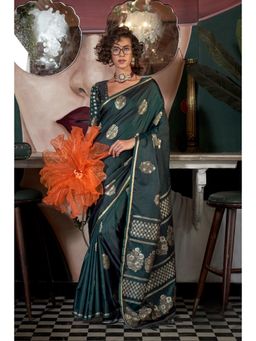 Mysilklove - Dark Leaf Green Banarasi Handloom Satin Saree without Blouse