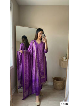 DEVRI - Women Purple Royal Glow Silk Kurta with Pant and Dupatta