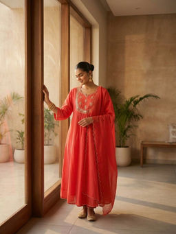 DEVRI - Women Orange Scarlet Glow Mul Chanderi Kurta with Pant and Dupatta