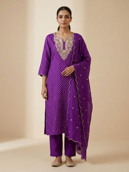 DEVRI - Women Purple Amethyst Glow Silk Kurta with Pant and Dupatta
