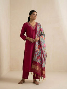 DEVRI - Women Red Ruby Luxe Silk Kurta with Pant and Dupatta