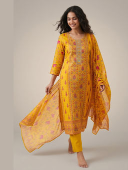 DEVRI - Women Suhani Pure Modal Silk Printed Yellow Kurta with Pant and Dupatta