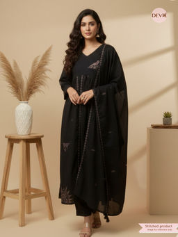 DEVRI - Women Elegant Black Stitched Kurta with Pant and Dupatta