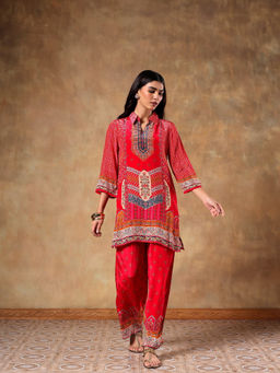 DEVRI - Women Red Printed Set Crafted In Soft Natural Crepe Kurta with Pant