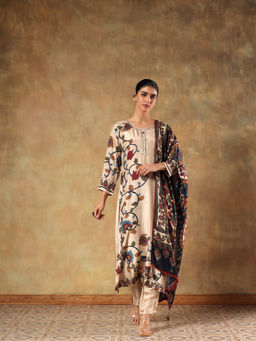 DEVRI - Women Beige Aafreen Pure Muslin Printed Kurta with Pant and Dupatta