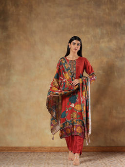 DEVRI - Devanshi Rust Muslin Silk Embroidered Kurta with Pant and Dupatta