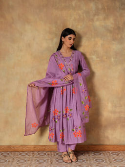 DEVRI - Women Lavender Tavisha Mul Chanderi Anarkali Kurta with Pant and Dupatta