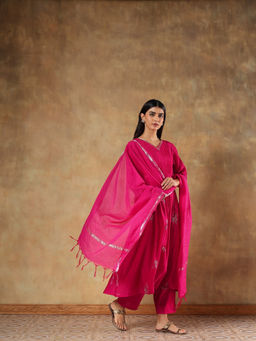 DEVRI - Women Pink Advika Rani Premium Silk Embroidered Anarkali Kurta with Pant and Dupatta