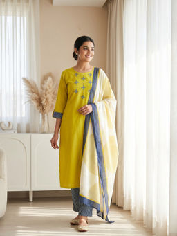 DEVRI - Women Ruhani Pure Cotton Embroidered Yellow Kurta with Pant and Dupatta