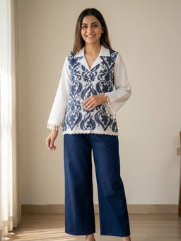 DEVRI - Women Meher Cotton Embroidered White Co-Ord