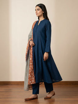 DEVRI - Women Neelambara Pure Cotton Printed Blue Anarkali Kurta with Pant and Dupatta