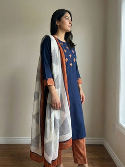 DEVRI - Women Varnika Cotton Slub Printed Navy Blue Kurta with Pant and Dupatta