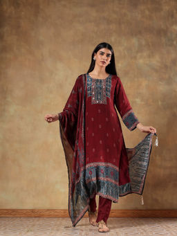 DEVRI - Women Mehar Maroon Embroidered Kurta with Pant and Dupatta