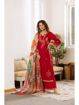 DEVRI - Women Kashika German Rayon Embroidered Red Kurta with Pant and Dupatta