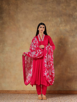 DEVRI - Women Pink Tavisha Rose Chinon Embroidered Anarkali Kurta with Pant and Dupatta