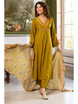 DEVRI - Women German Rayon Embroidered Olive Anarkali Kurta with Pant and Dupatta