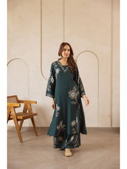 DEVRI - Women Kavya German Rayon Printed Deep Green Kurta with Pant