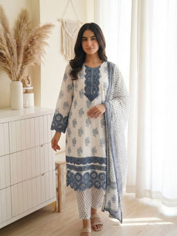 DEVRI - Women Meher Cotton Printed Slate Blue Kurta with Pant and Dupatta