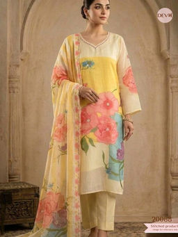 DEVRI - Women Saanvi Pure Cotton Printed Yellow Kurta with Pant and Dupatta