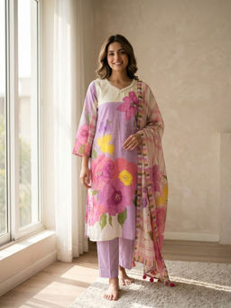 DEVRI - Women Sia Pure Cotton Printed Lavender Kurta with Pant and Dupatta