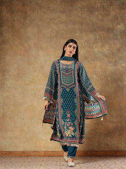DEVRI - Women Amaira Teal Natural Crepe Printed Kurta with Pant and Dupatta