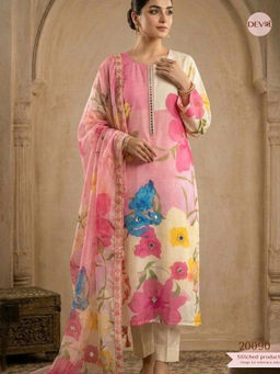 DEVRI - Women Jivika Pure Cotton Printed Pink Kurta with Pant and Dupatta