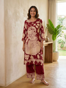 DEVRI - Women Maroon Charvi German Rayon Printed Maroon Kurta with Pant