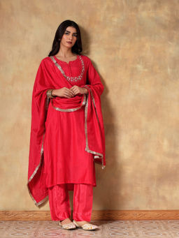 DEVRI - Women Crimson Red Embroidered Kurta with Pant and Dupatta