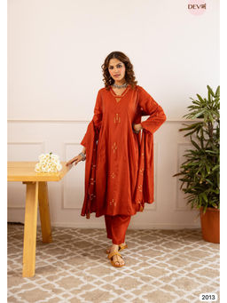 DEVRI - Women Rust Crafted In Airy Mul Chanderi Anarkali Kurta with Pant and Dupatta