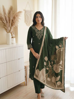 DEVRI - Women Green Embroidered Muslin Kurta with Pant and Dupatta