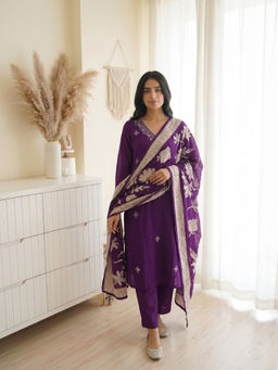 DEVRI - Women Purple Embroidered Muslin Kurta with Pant and Dupatta