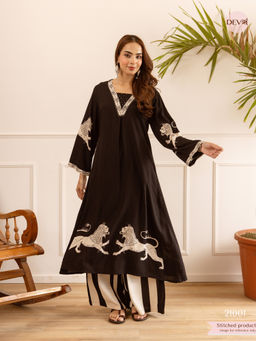 DEVRI - Women Ananya Cotton Printed Black Anarkali Kurta with Pant