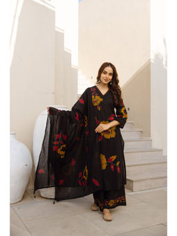 DEVRI - Women Ananya Cotton Printed Black Kurta with Pant and Dupatta
