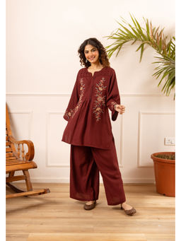 DEVRI - Women Ishani Cotton Embroidered Maroon Kurta with Pant and Dupatta