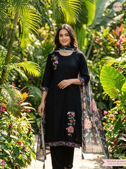 DEVRI - Women Kavyanjali Cotton Embroidered Black Kurta with Pant and Dupatta